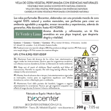 BIOCENTER Vela natural de cera de soja - TÉ VERDE Y LIMA, frescura y vitalidad - 200 g (40 horas)