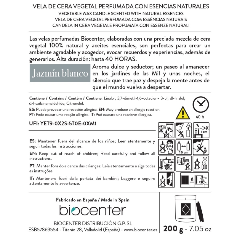 BIOCENTER Vela natural de cera de soja - JAZMÍN BLANCO, paz y seducción - 200 g (40 horas)