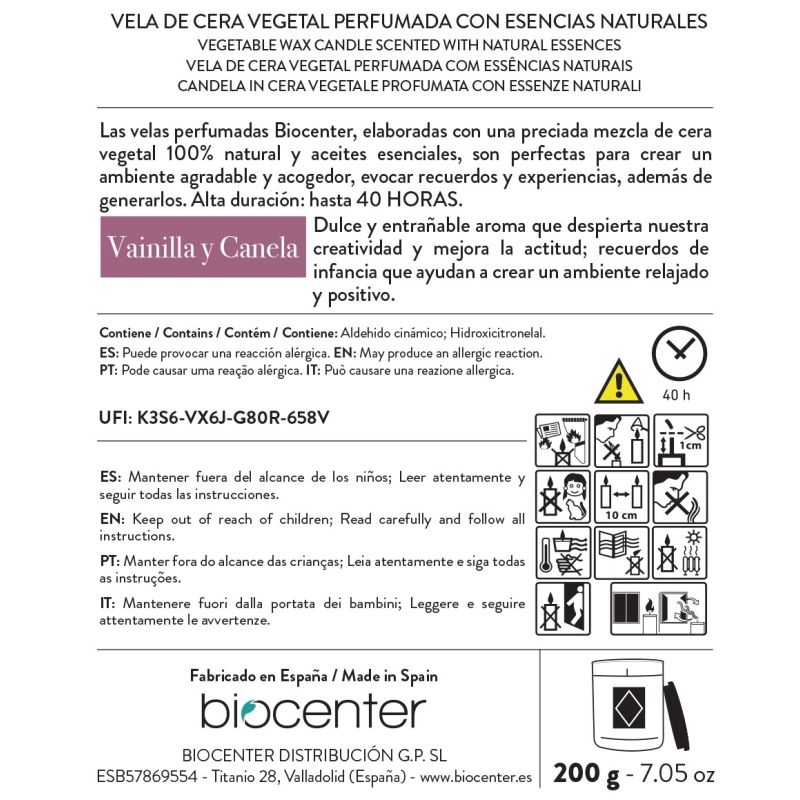 BIOCENTER Vela natural de cera de soja - VAINILLA Y CANELA, calidez y bienestar - 200 g (40 horas)