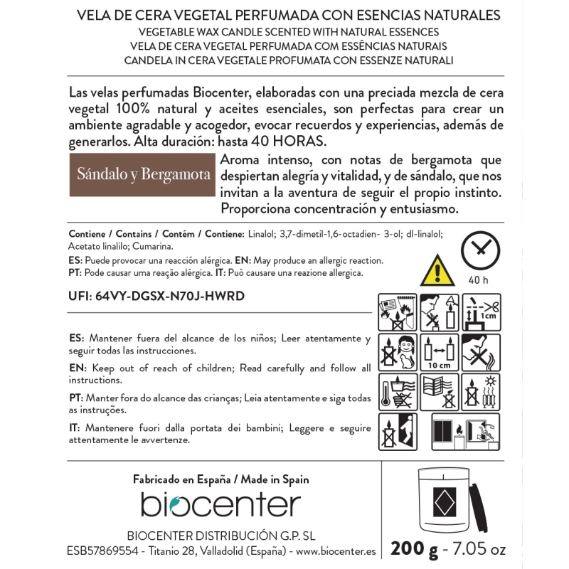 BIOCENTER Vela natural de cera de soja - SÁNDALO Y BERGAMOTA, energía, concentración y aventura - 200 g (40 horas)