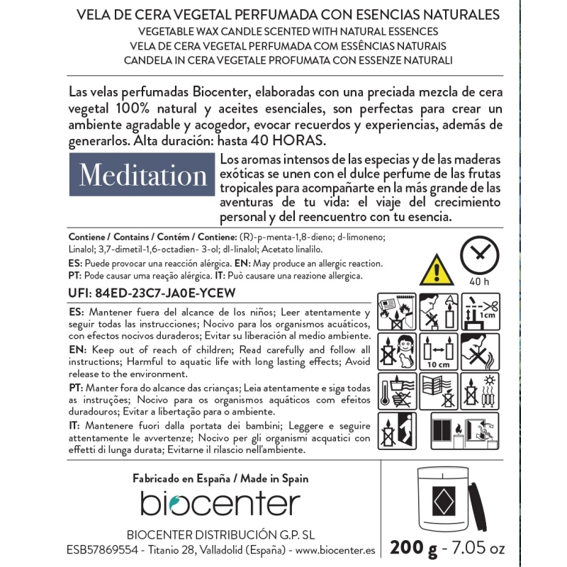 BIOCENTER Vela natural de cera de soja - MEDITATION, calma, introspección y armonía - 200 g (40 horas)