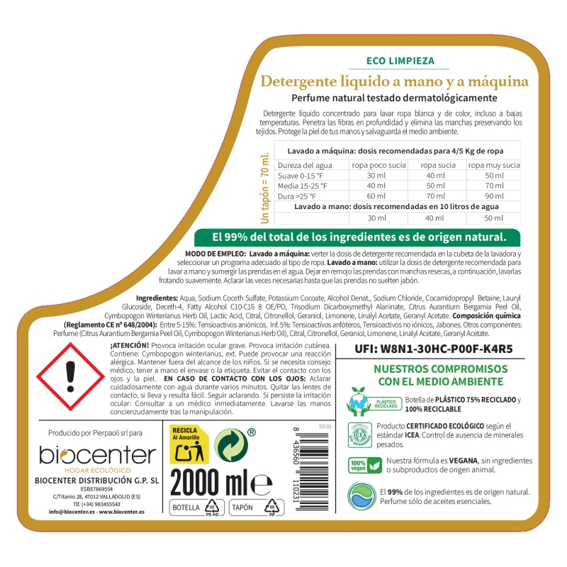 BIOCENTER Detergente ecológico - MARSELLA - Superconcentrado a mano y a máquina - 2 litros