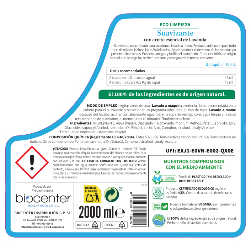 BIOCENTER Suavizante ecológico 100% natural - LAVANDA - 2 litros
