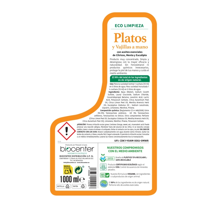 BIOCENTER Lavavajillas liquido a mano ecológico - Limón, Menta, Eucalipto - 1 litro Superconcentrado