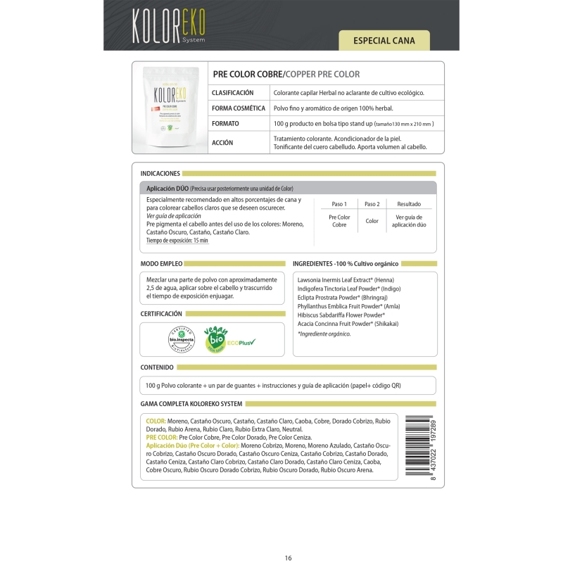 KOLOREKO Tinte natural COBRE de aplicación única – Coloración 100% vegetal y ecológica