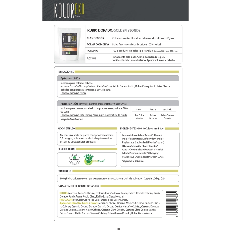 KOLOREKO Tinte natural RUBIO DORADO de aplicación única – Coloración 100% vegetal y ecológica