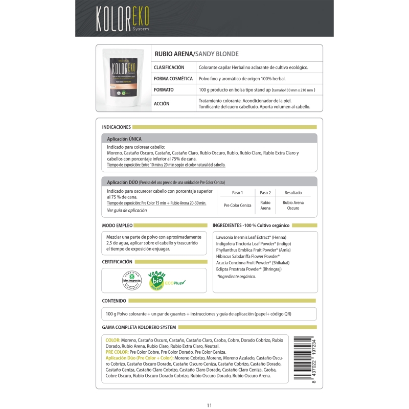 KOLOREKO Tinte natural RUBIO ARENA de aplicación única – Coloración 100% vegetal y ecológica