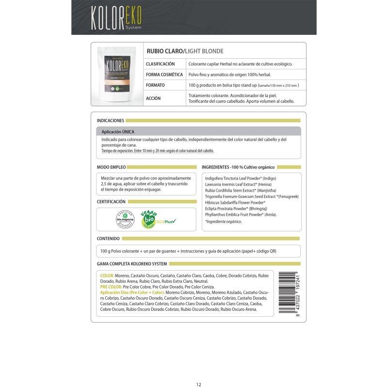 KOLOREKO Tinte natural RUBIO CLARO de aplicación única – Coloración 100% vegetal y ecológica