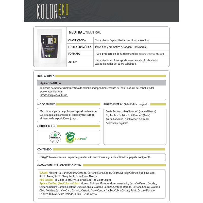 KOLOREKO Tratamiento capilar NEUTRAL INCOLORO brillo y volumen al cabello - 100% vegetal y ecológico