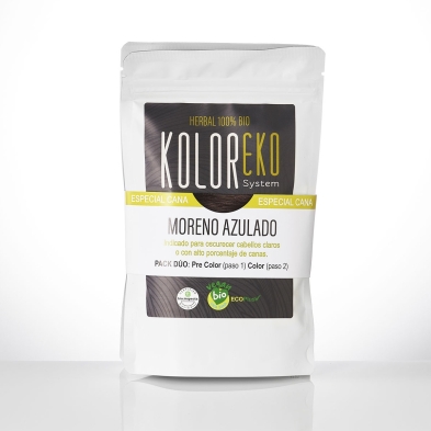 KOLOREKO Tinte natural dúo MORENO AZULADO - especial canas - pre color CENIZA + tinte MORENO