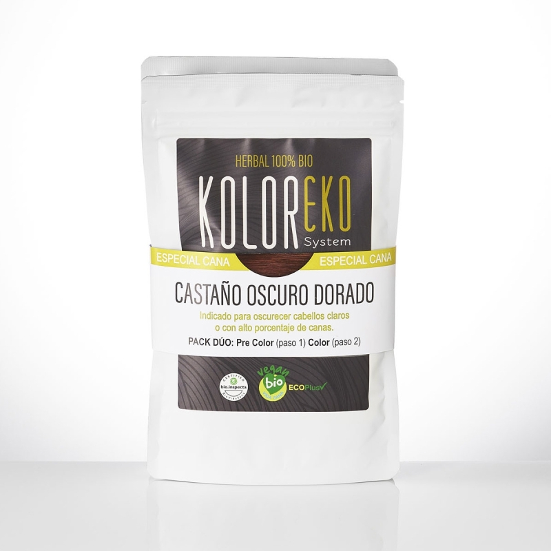 KOLOREKO Tinte natural dúo CASTAÑO OSCURO DORADO - especial canas - pre color DORADO + tinte CASTAÑO OSCURO