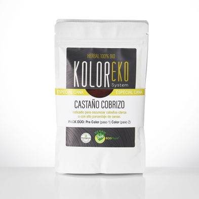 KOLOREKO Tinte natural dúo CASTAÑO COBRIZO - especial canas - pre color COBRE + tinte CASTAÑO