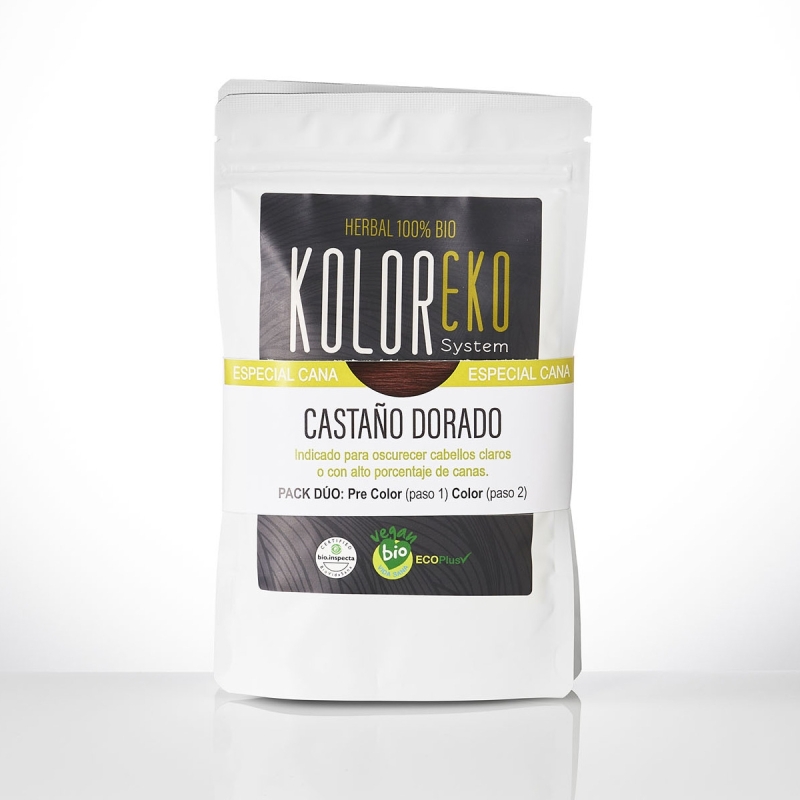 KOLOREKO Tinte natural dúo CASTAÑO DORADO - especial canas - pre color DORADO + tinte CASTAÑO