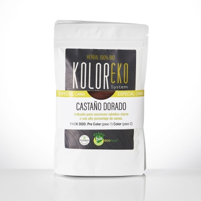 KOLOREKO Tinte natural dúo CASTAÑO DORADO - especial canas - pre color DORADO + tinte CASTAÑO
