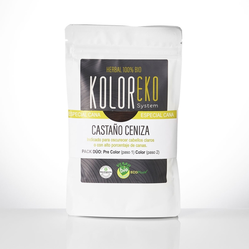 KOLOREKO Tinte natural dúo CASTAÑO CENIZA - especial canas - pre color CENIZA + tinte CASTAÑO