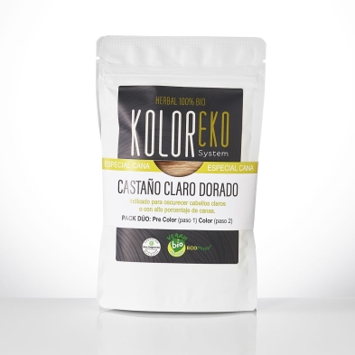 KOLOREKO Tinte natural dúo CASTAÑO CLARO DORADO - especial canas - pre color DORADO + tinte CASTAÑO CLARO