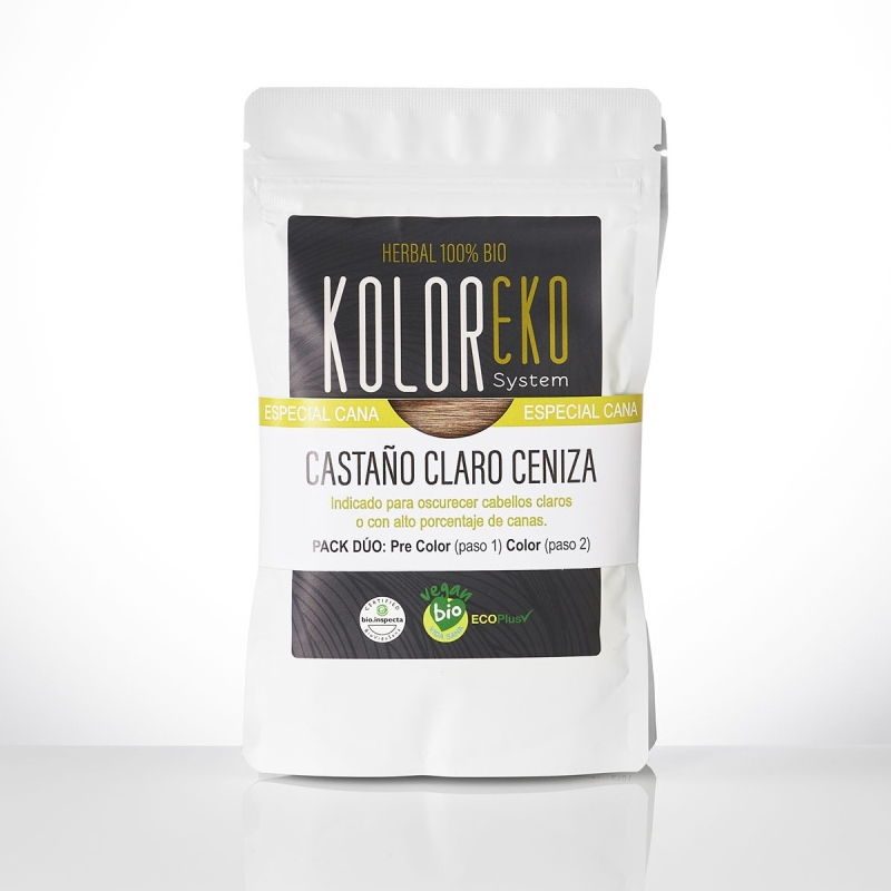 KOLOREKO Tinte natural dúo CASTAÑO CLARO CENIZA - especial canas - pre color CENIZA + tinte CASTAÑO CLARO