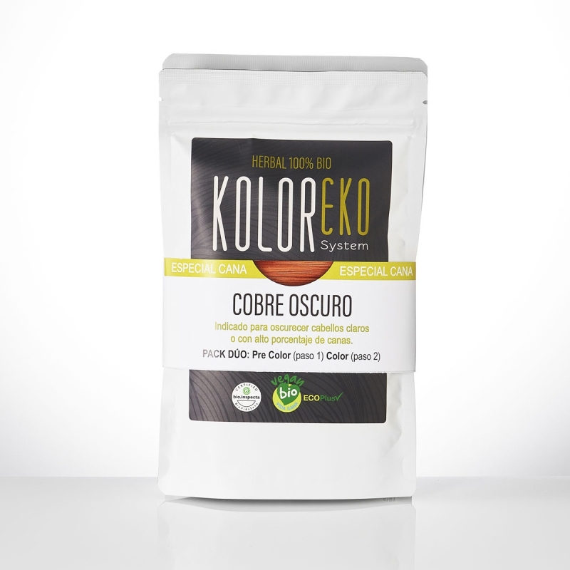 KOLOREKO Tinte natural dúo COBRE OSCURO - especial canas - pre color CENIZA + tinte COBRE