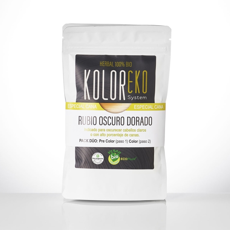 KOLOREKO Tinte natural dúo RUBIO OSCURO DORADO - especial canas - pre color CENIZA + tinte RUBIO DORADO