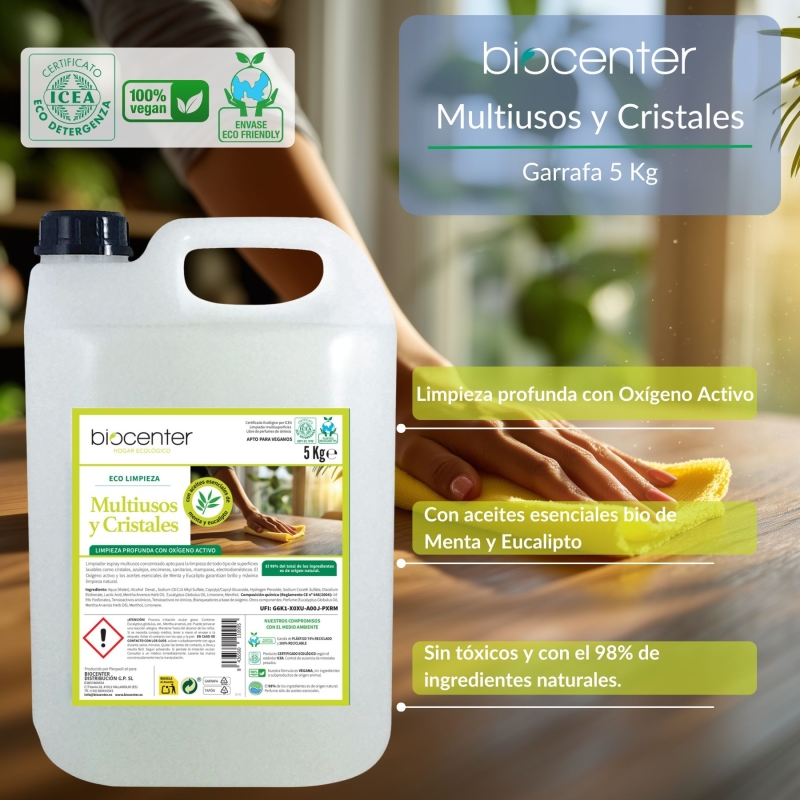 BIOCENTER Limpiador ecológico Multiusos y Cristales de Oxígeno Activo - formato maxi ahorro 5 Kg
