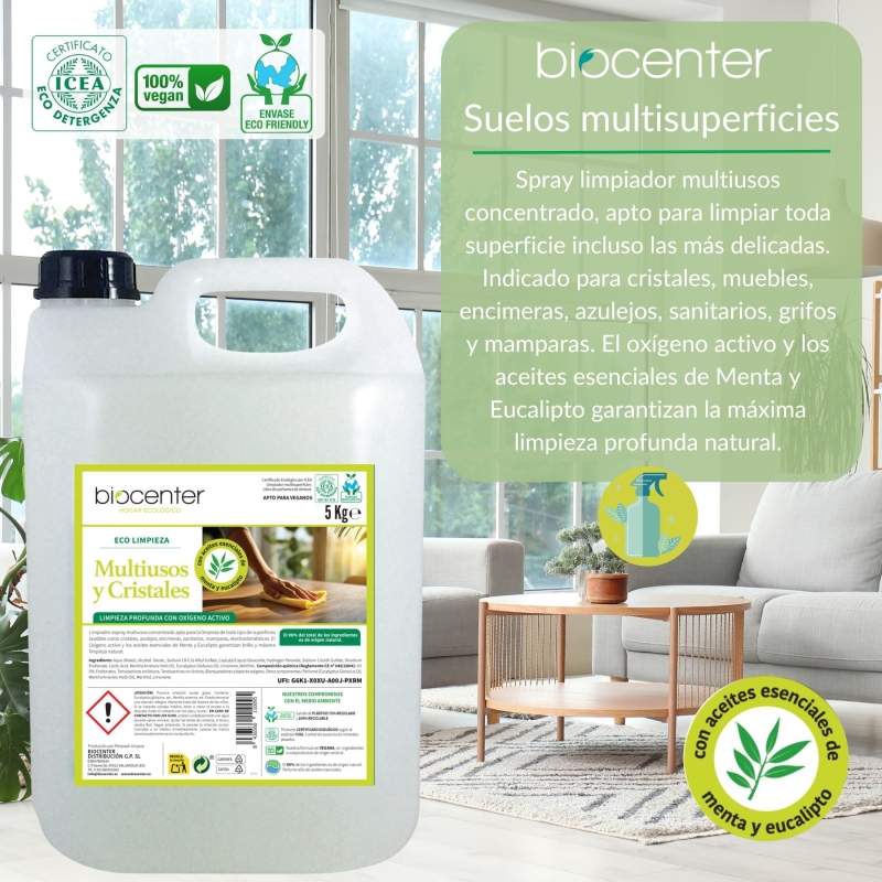 BIOCENTER Limpiador ecológico Multiusos y Cristales de Oxígeno Activo - formato maxi ahorro 5 Kg