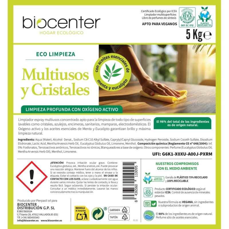 BIOCENTER Limpiador ecológico Multiusos y Cristales de Oxígeno Activo - formato maxi ahorro 5 Kg
