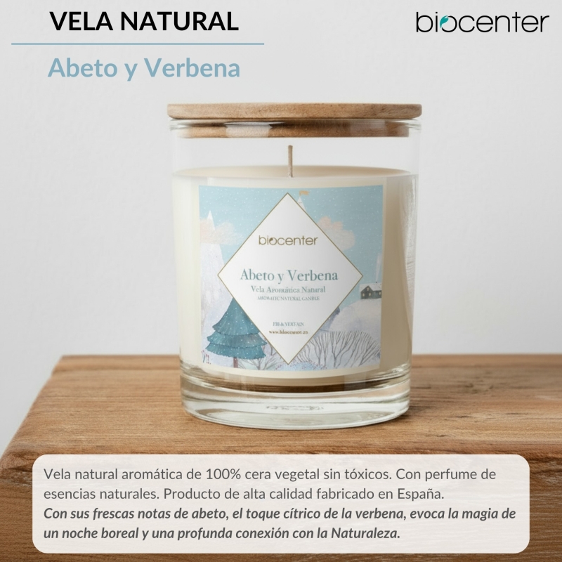BIOCENTER Vela natural de cera de soja – ABETO Y VERBENA, calma, refresca, aclara la mente y mejora el humor - 200 g (40 horas)