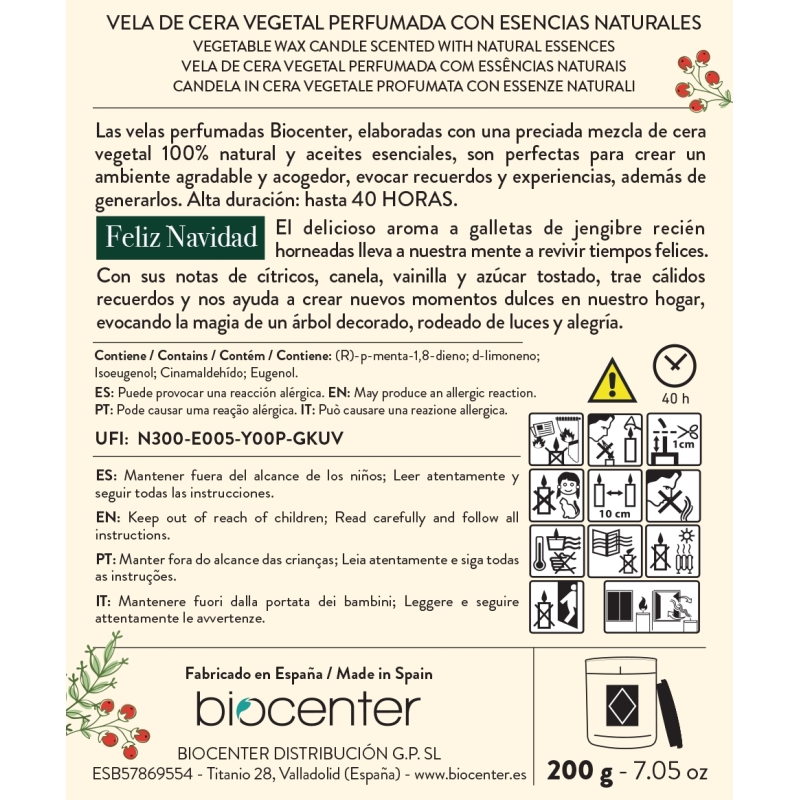BIOCENTER Vela natural de cera de soja – FELIZ NAVIDAD, calidez y celebración - 200 g (40 horas)