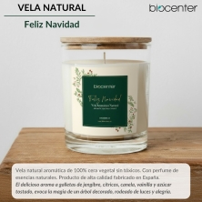 BIOCENTER Vela natural de cera de soja – FELIZ NAVIDAD, calidez y celebración - 200 g (40 horas)