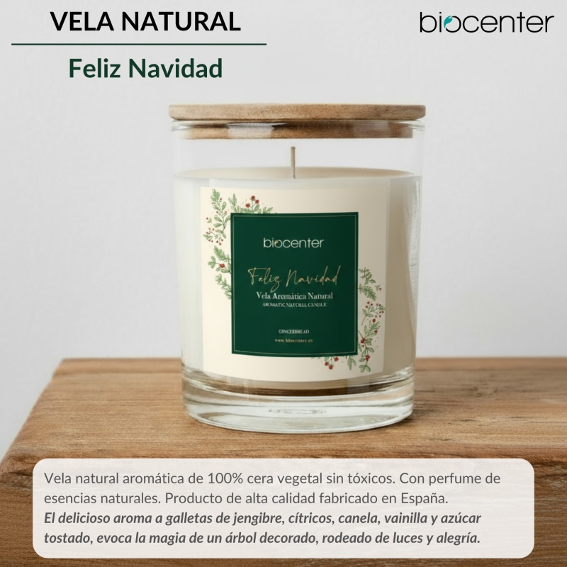 BIOCENTER Vela natural de cera de soja – FELIZ NAVIDAD, calidez y celebración - 200 g (40 horas)