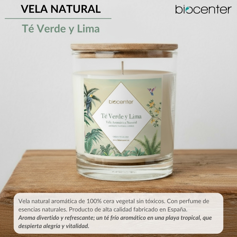 BIOCENTER Vela natural de cera de soja - TÉ VERDE Y LIMA, frescura y vitalidad - 200 g (40 horas)