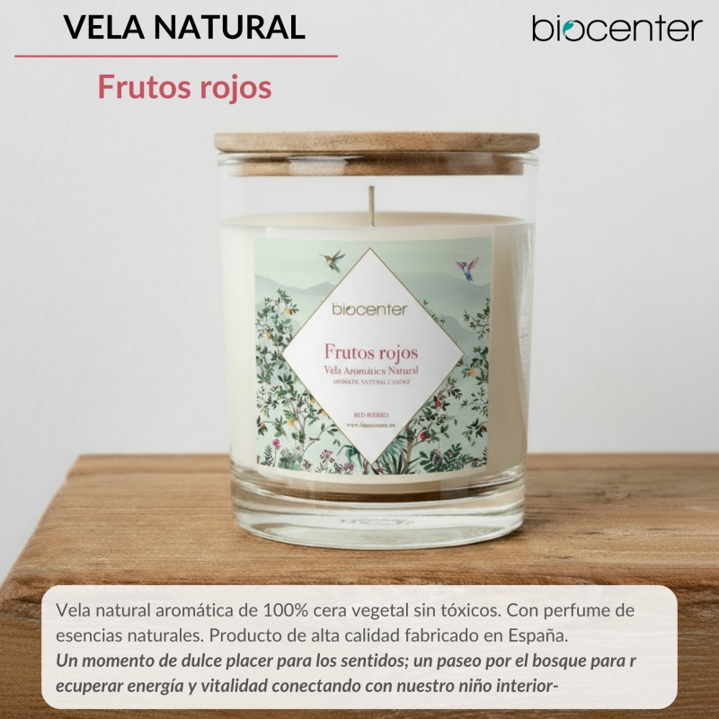 BIOCENTER Vela natural de cera de soja - FRUTOS ROJOS, dulzura y energía - 200 g (40 horas)