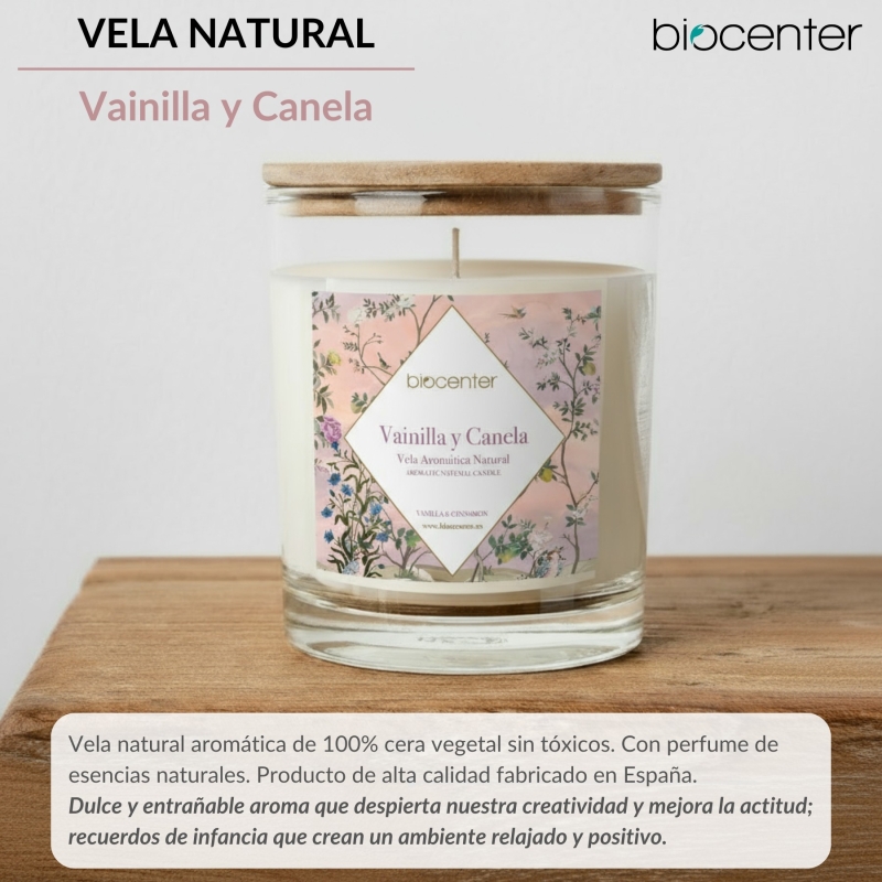 BIOCENTER Vela natural de cera de soja - VAINILLA Y CANELA, calidez y bienestar - 200 g (40 horas)