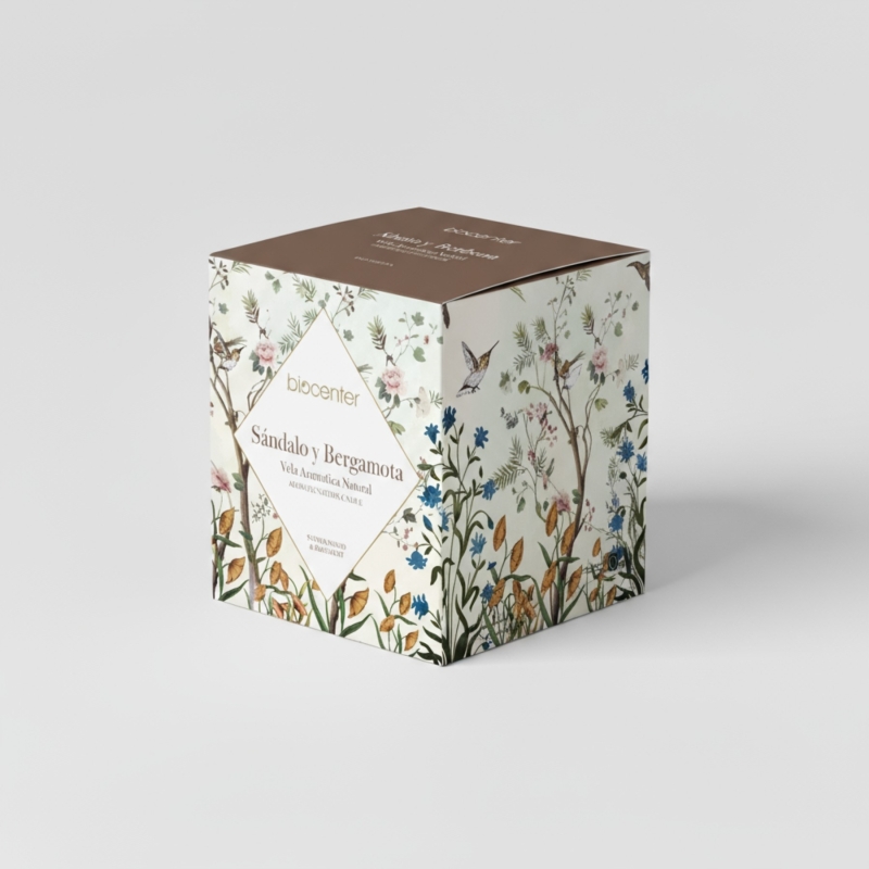 BIOCENTER Vela natural de cera de soja - SÁNDALO Y BERGAMOTA, energía, concentración y aventura - 200 g (40 horas)