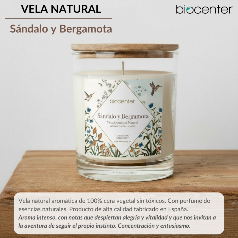 BIOCENTER Vela natural de cera de soja - SÁNDALO Y BERGAMOTA, energía, concentración y aventura - 200 g (40 horas)