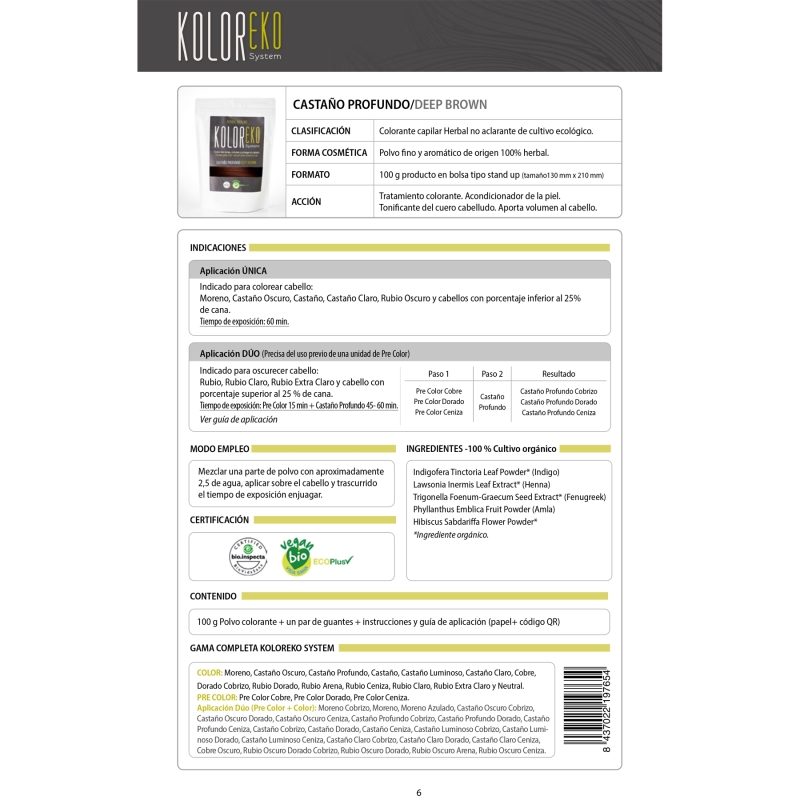 KOLOREKO Tinte natural CASTAÑO PROFUNDO de aplicación única – Coloración 100% vegetal y ecológica