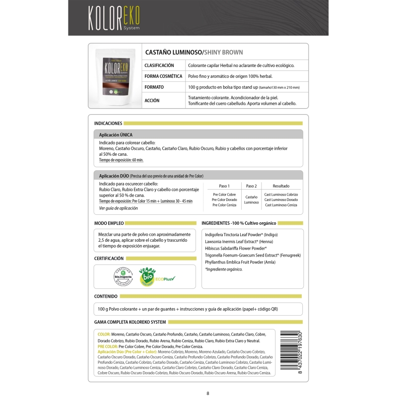 KOLOREKO Tinte natural CASTAÑO LUMINOSO de aplicación única – Coloración 100% vegetal y ecológica