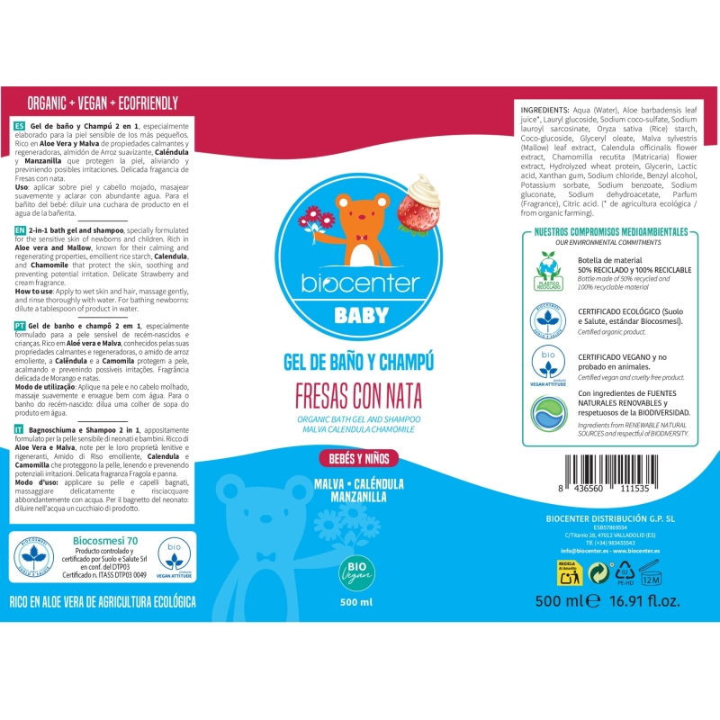 BIOCENTER BABY Gel de baño Bebé Cuerpo y Cabello - 2 en 1 natural Fresas con Nata - 500 ml