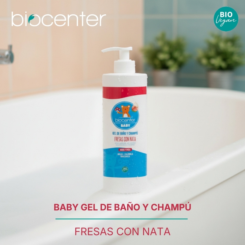 BIOCENTER BABY Gel de baño Bebé Cuerpo y Cabello - 2 en 1 natural Fresas con Nata - 500 ml