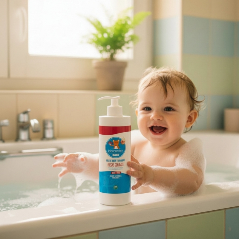 BIOCENTER BABY Gel de baño Bebé Cuerpo y Cabello - 2 en 1 natural Fresas con Nata - 500 ml