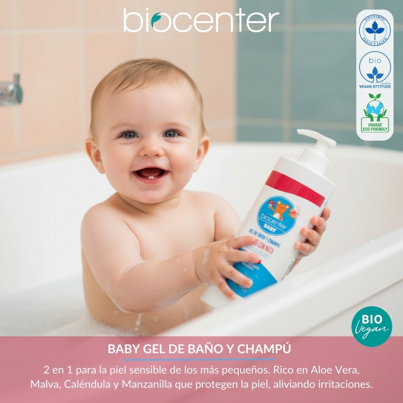 BIOCENTER BABY Gel de baño Bebé Cuerpo y Cabello - 2 en 1 natural Fresas con Nata - 500 ml