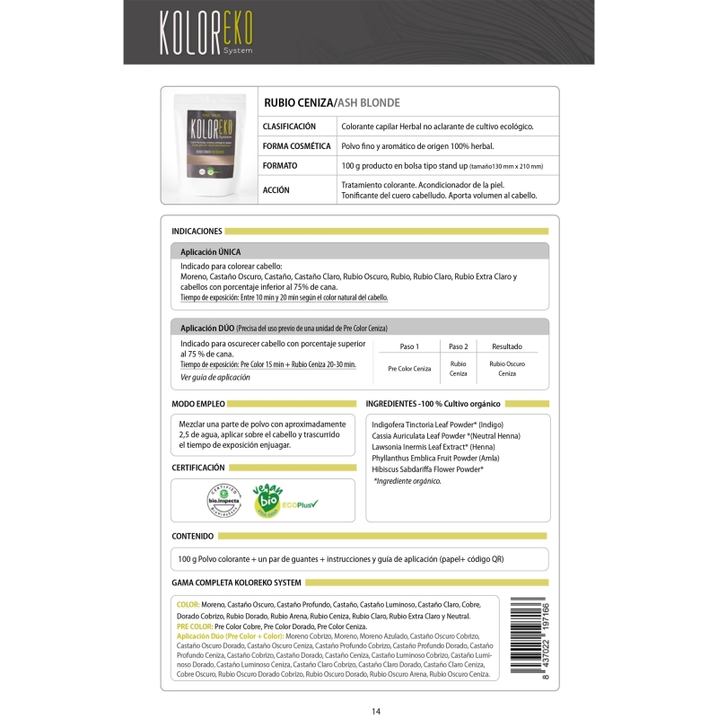 KOLOREKO Tinte natural RUBIO CENIZA de aplicación única – Coloración 100% vegetal y ecológica