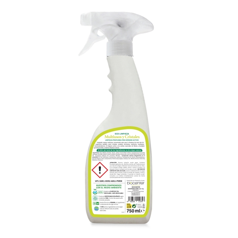 BIOCENTER Limpiador ecológico Multiusos y Cristales de Oxígeno Activo - Spray Ecofriendly 750 ml
