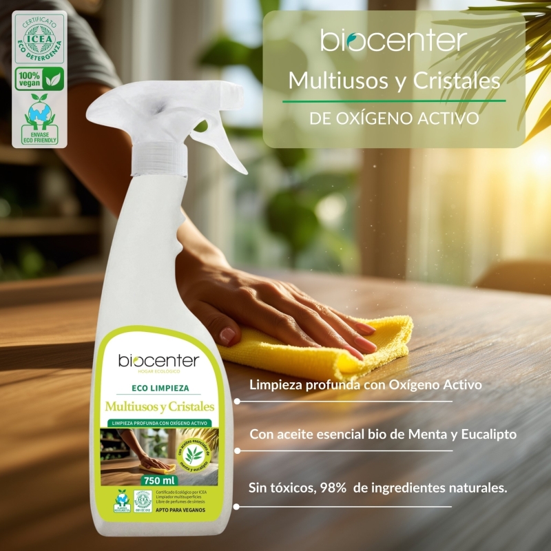 BIOCENTER Limpiador ecológico Multiusos y Cristales de Oxígeno Activo - Spray Ecofriendly 750 ml