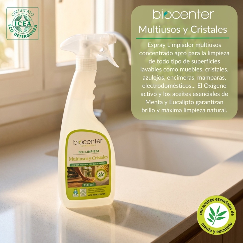 BIOCENTER Limpiador ecológico Multiusos y Cristales de Oxígeno Activo - Spray Ecofriendly 750 ml