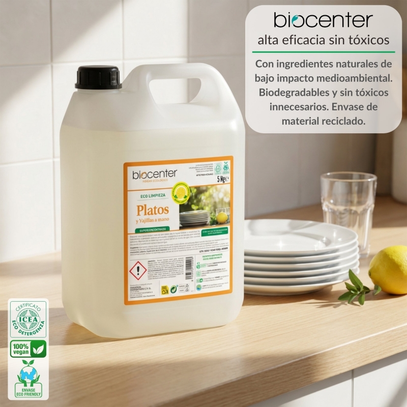 BIOCENTER Lavavajillas liquido a mano ecológico - Limón, Menta, Eucalipto - formato maxi ahorro 5 Kg