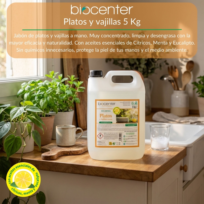 BIOCENTER Lavavajillas liquido a mano ecológico - Limón, Menta, Eucalipto - formato maxi ahorro 5 Kg