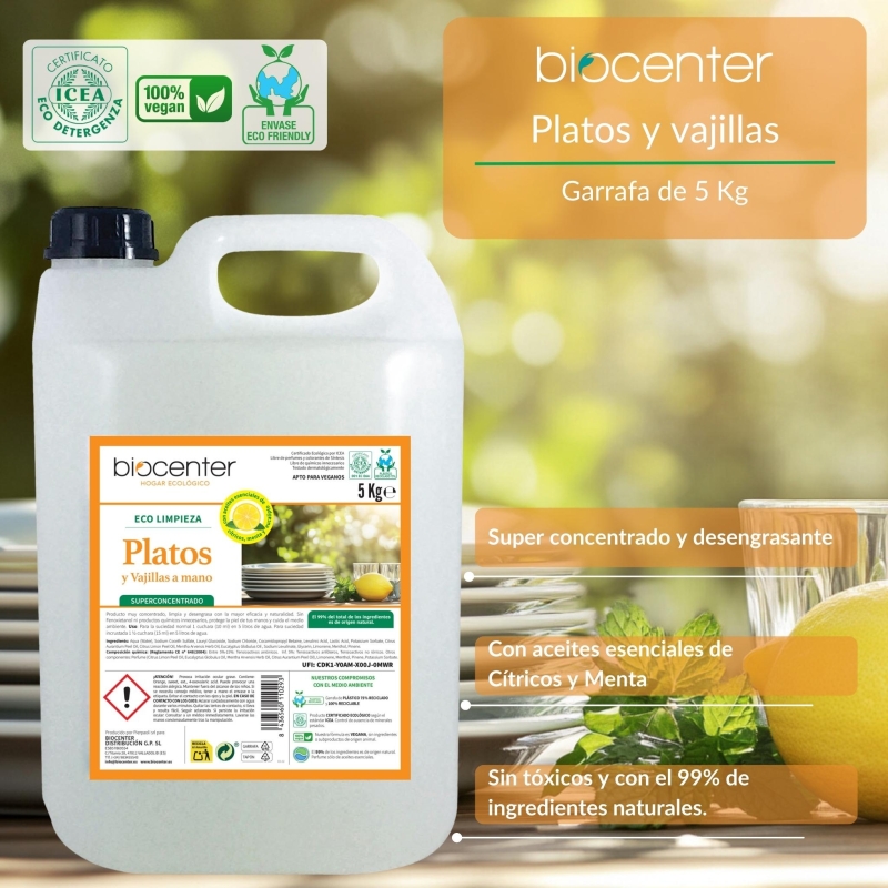 BIOCENTER Lavavajillas liquido a mano ecológico - Limón, Menta, Eucalipto - formato maxi ahorro 5 Kg