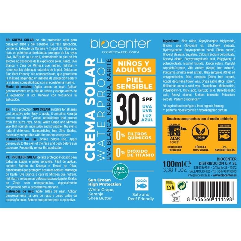 Protector Solar Natural SPF 30 Biocenter – Mineral, textura fluida y ligera