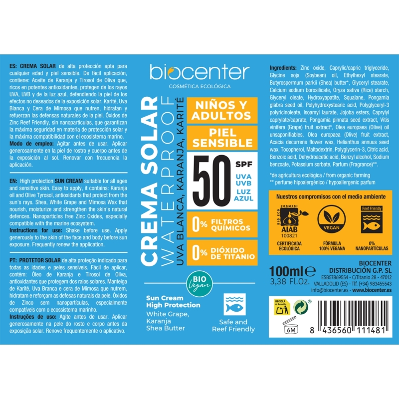 Protector Solar Natural SPF 50 Biocenter – Mineral, piel sensible y niños